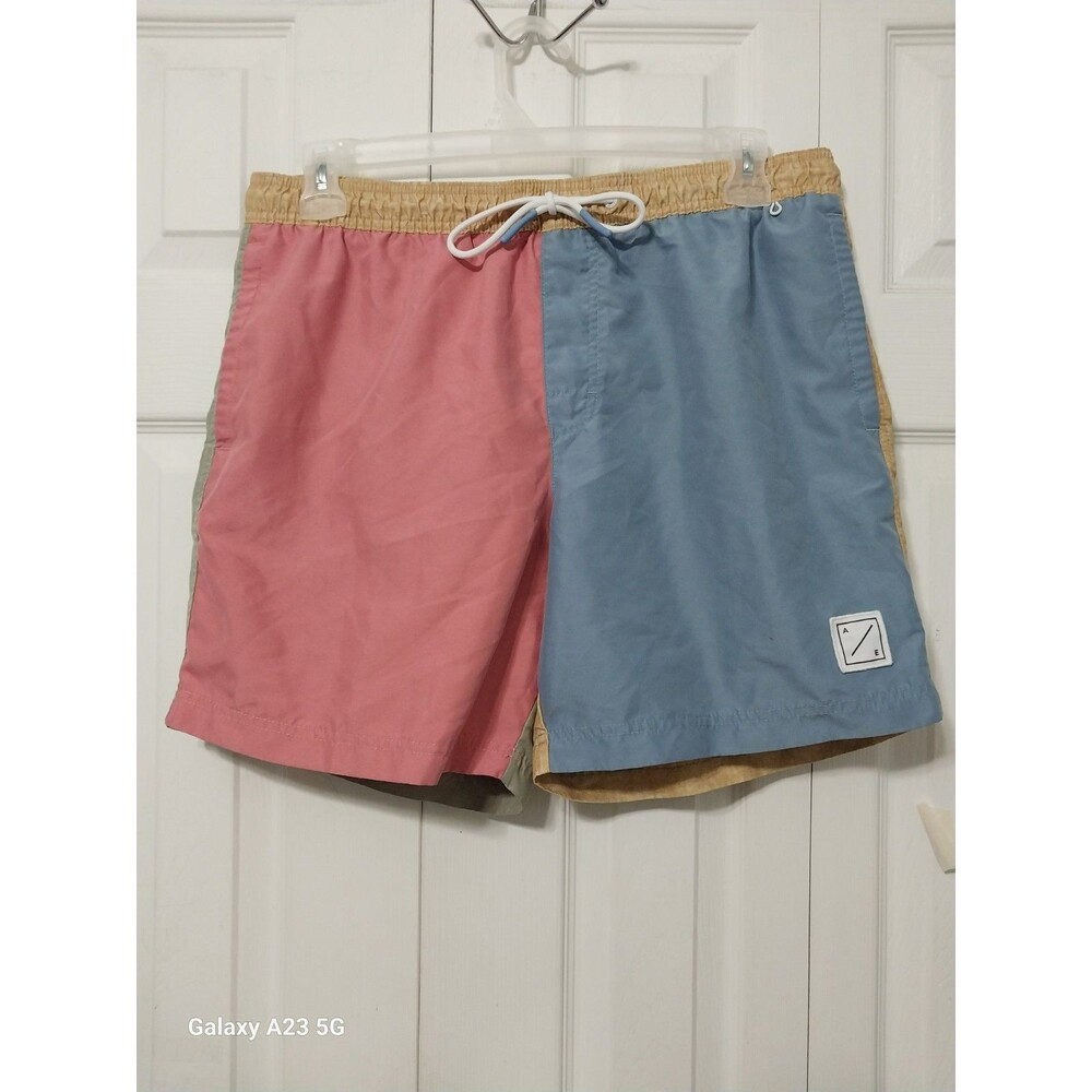 American Eagle Men Swim Trunks Board Shorts Color Block Blue Pink Green Tan Sz L